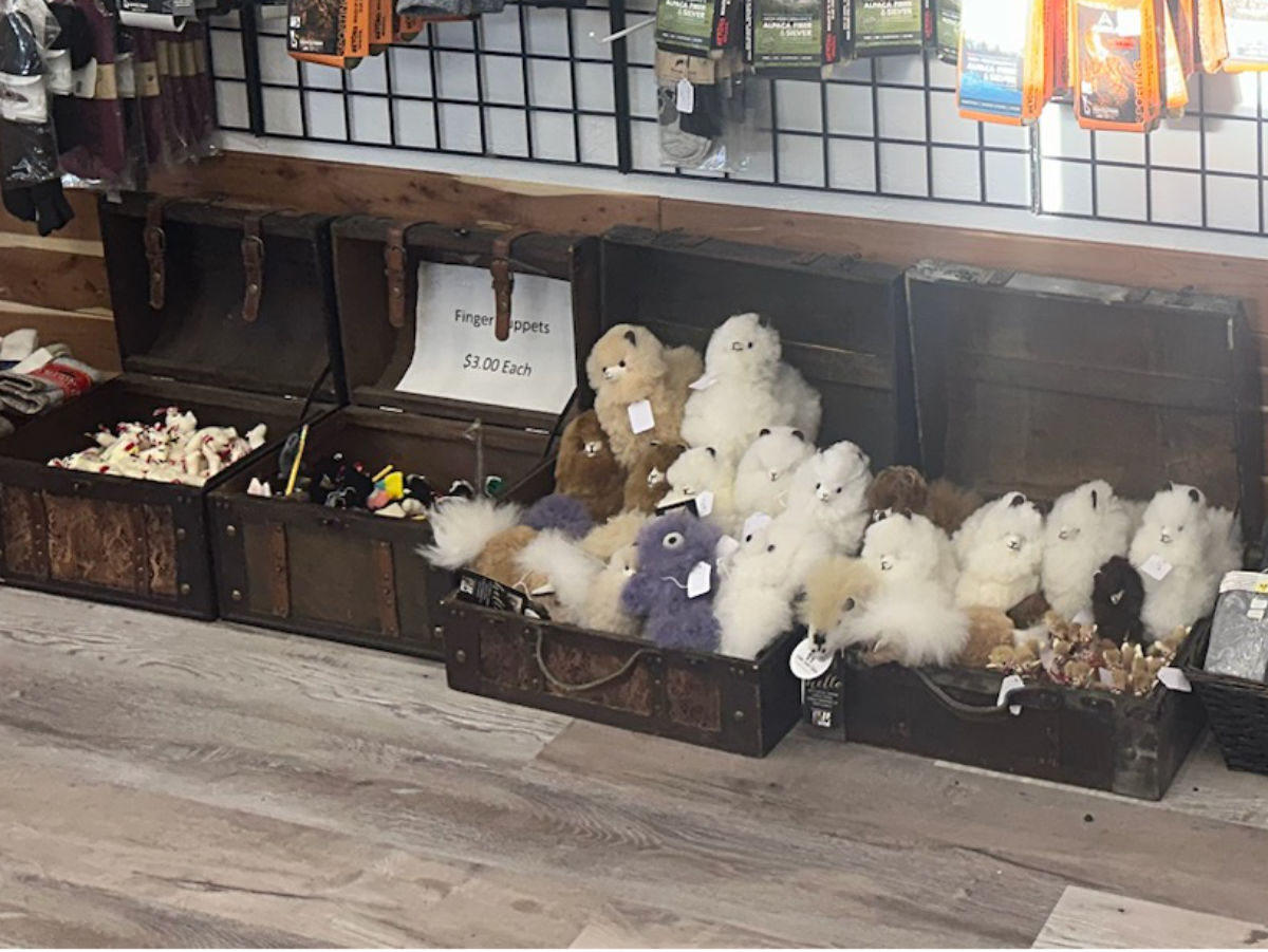 Variety of alpaca, bear and other animals from finger puppets to small sized stuffed animals made with alpaca fiber